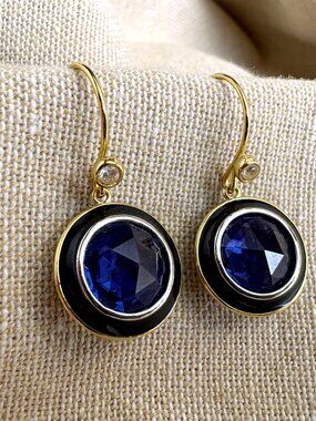 Art Deco-Influenced Blue Crystal and Enamel Reversible Dangle Pierced Earrings
